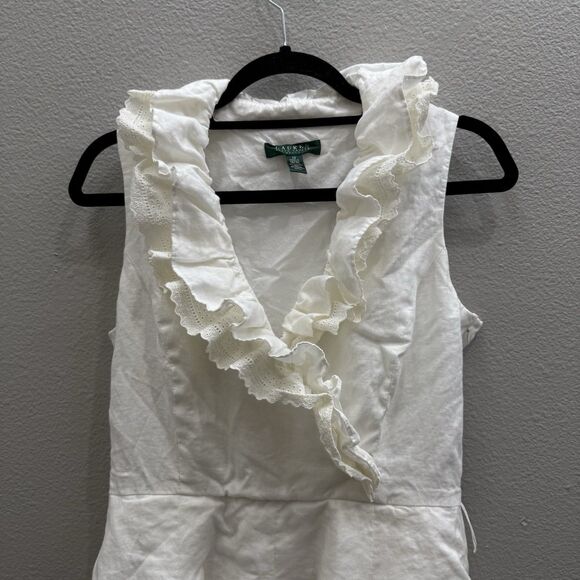 Lauren Ralph Lauren Dress Size 10 White Linen Ruffle Sleeveless Lined - Picture 3 of 6